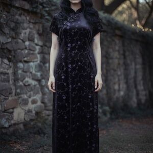 VTG 90s Floral Glitter Print Velvet Cheongsam Evening Maxi Dress Size 8 Romantic